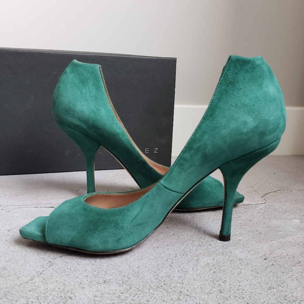 Pura Lopez Emerald Green Suede Peep Toe Pumps Sz 38.5 - Picture 5 of 15